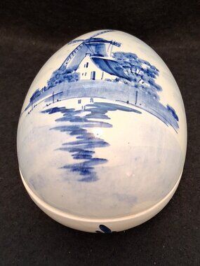 Vintage (1950s-1970s) Hand Painted Delft Blue Holland Egg Trinket Box Windmill